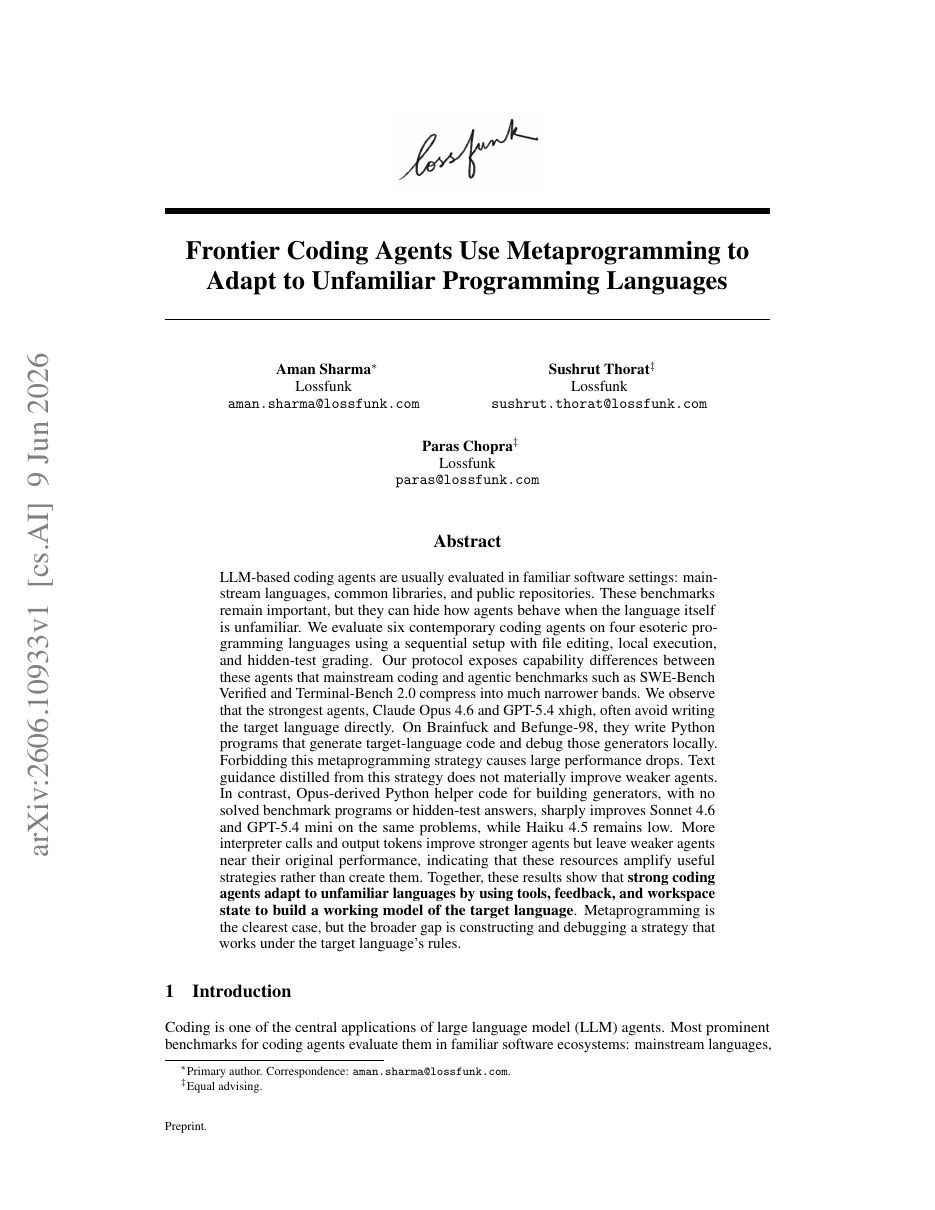 First page of Frontier Coding Agents Use Metaprogramming to Adapt to Unfamiliar Programming Languages
